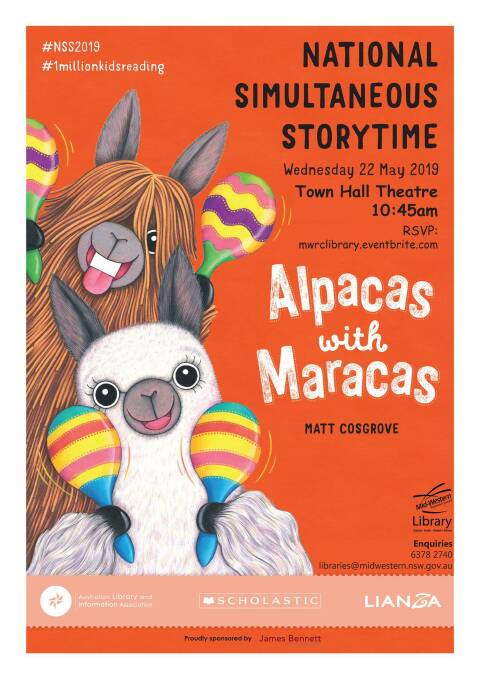 National Simultaneous Storytime event at Bathurst Library Wednesday, May 22. Join us for lots of alpaca-inspired fun and feel free to BYO maracas!