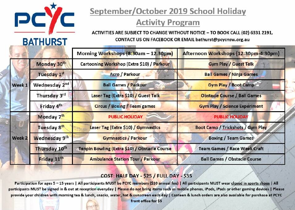 COMING UP: School holidays program at PCYC for September/October is now available. Make sure you get your bookings in by either messaging the page or calling the club on 6331 2191.