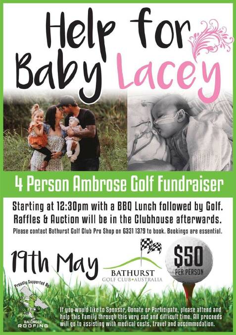 Help for baby Lacey this Sunday. Join us for a four person Ambrose golf fundraiser. The day will starting at 12.30pm with a BBQ lunch. Raffles and auction to be held after. Bookings are essential 6331 1379.