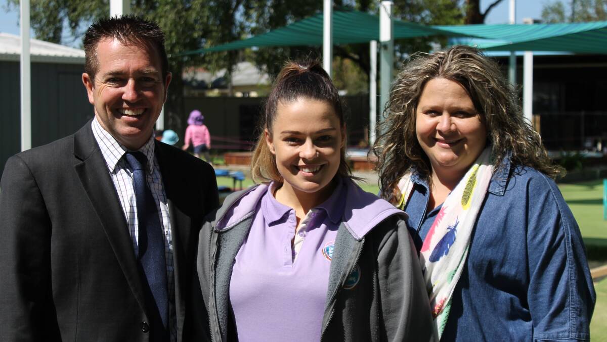Member for Bathurst Paul Toole with Kathleen Godfrey , $10,000 scholarship recipient and Goodstart Early Learning director Emma Kentwell.