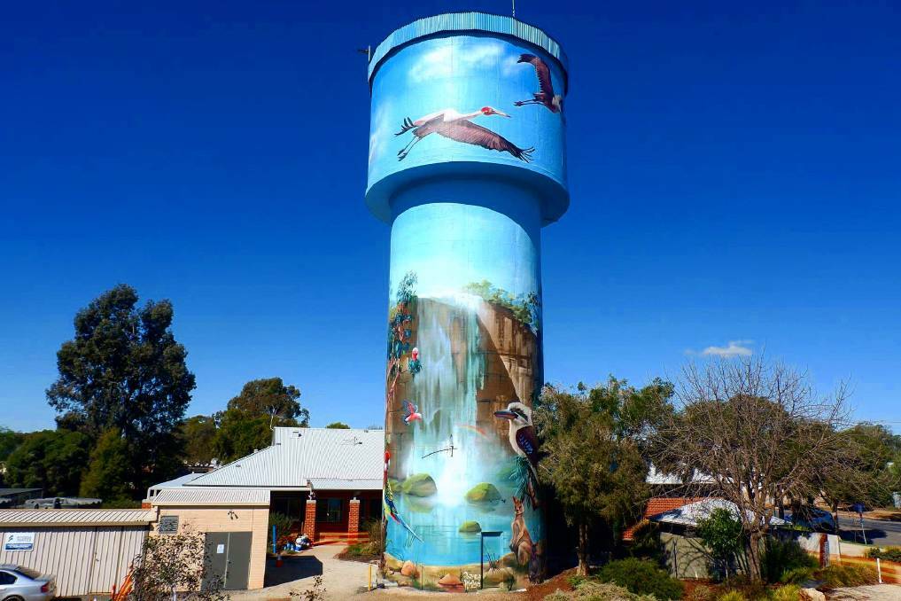 The Lockhart water tower was done by Scott Nagy and Janne Birkner (Krimsone). Photo: Lockhart Shire Council