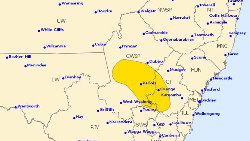 AFFECTED AREA: Orange is in the area for which the Bureau of Meteorology has issued a warning.