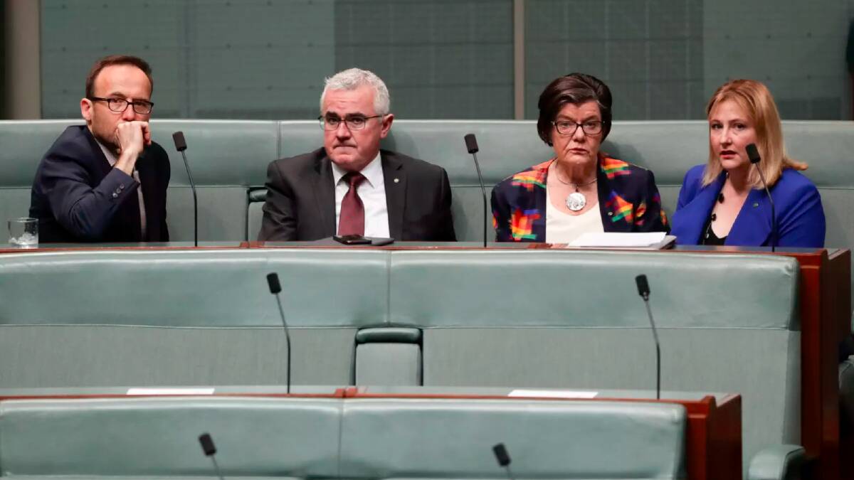 Furious crossbench MPs Adam Bandt, Andrew Wilkie, Cathy McGowan and Rebekha Sharkie vote against closing down the House of Representatives. Photo: Alex Ellinghausen