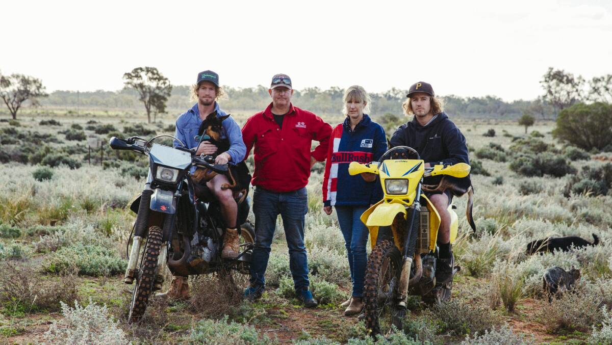 Jack and Will Ashby with their parents, Bill and Chrissy, at Trevallyn Station near Wilcannia. Picture: Dion Georgopoulos