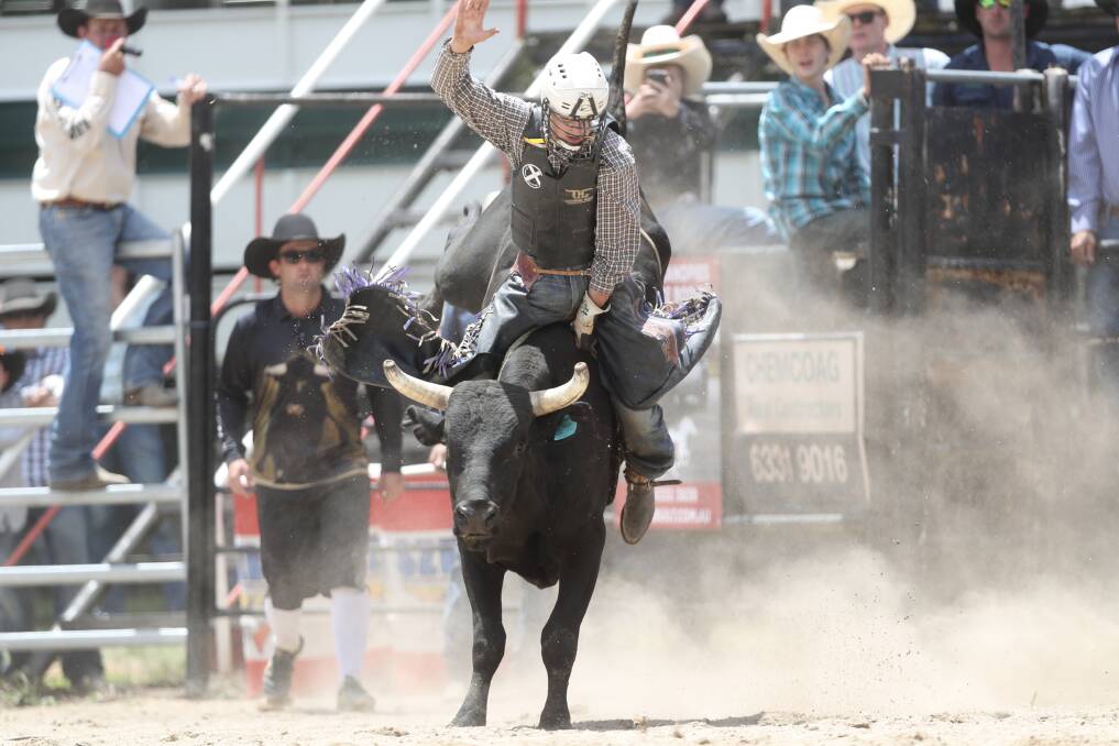 Samuel Winger competing in the Rockley Rodeo under 14 to 18 bull ride on January 13, 2024 at the Rockley Sportsground. Picture by Phil Blatch