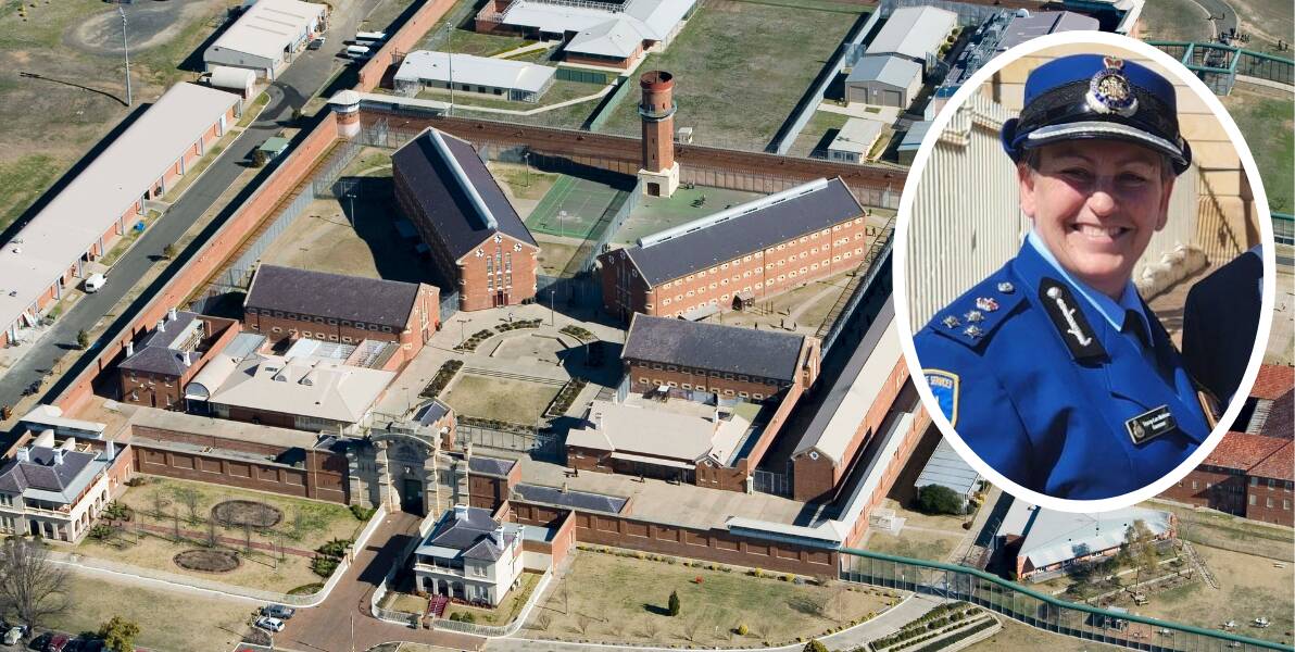 A bird's-eye view of Bathurst Correctional Centre taken in 2018 with Governor Tracey Melrose inserted. Picture of jail by CSNSW