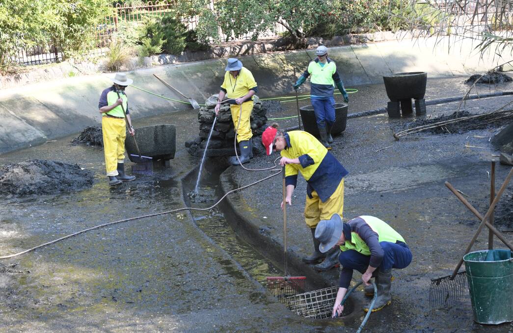 SNAPSHOT: Council's parks and gardens staff carry out their annual clean-out of the Machattie Park duck pond on Tuesday. Photo: CHRIS SEABROOK  091118cpond