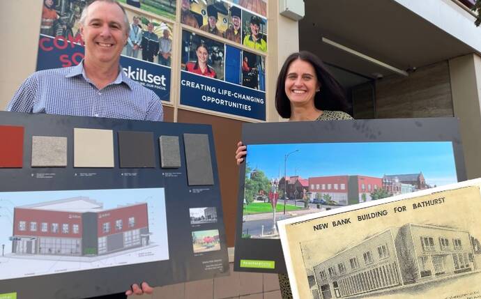 Skillset chairman David Cooke and CEO Narelle Stocks with plans for the proposed redevelopment of the former NAB building and (inset) an article about the building from the Bathurst National Advocate in 1957.