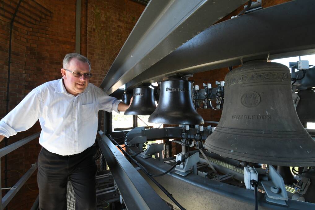 HIGH POINT: Bathurst Regional Council engineering director Darren Sturgiss
inside the Carillon, which will soon have a clavier installed. Photo: CHRIS SEABROOK 032619cariln5a