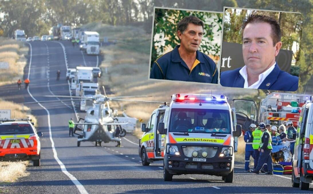 CONCERN: ARSF CEO Russell White and Minister for Regional Roads Paul Toole (insets) and an accident on the Mitchell Highway. Photo: TNV/TROY PEARSON