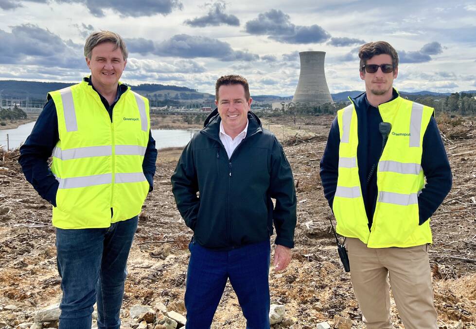 Greenspot CEO Brett Hawkins, Member for Bathurst Paul Toole and Greenspot development manager Malcolm Macleod on the site for the new grid-scale battery.