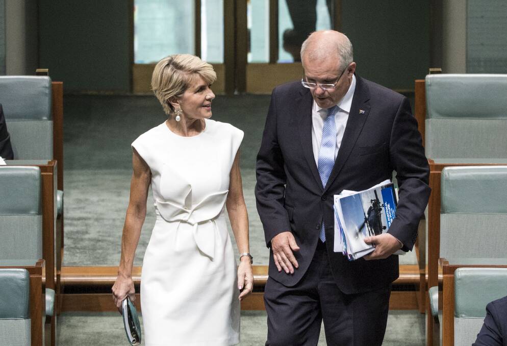 FAREWELL: Julie Bishop MP and Prime Minister Scott Morrison in Parliament House on Thursday. Photo: DOMINIC LORRIMER