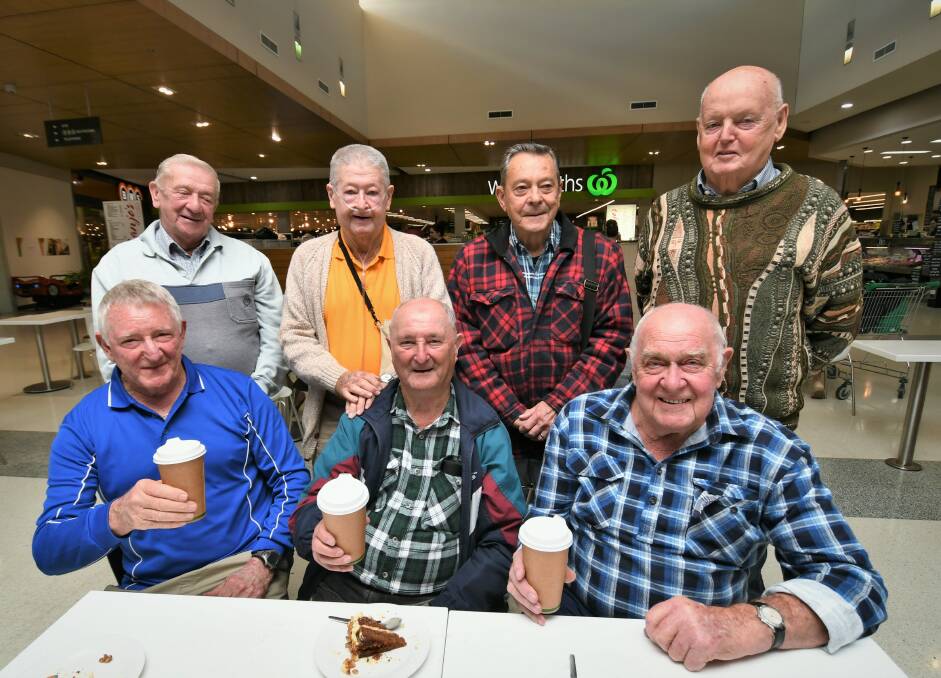 CHEERS: Noel Smith, Selwyn Coles, Colin White and John Seaman and (front) Terry O'Connor, birthday boy Robert Rooke and John Muldoon. Photo: CHRIS SEABROOK 042121c80th