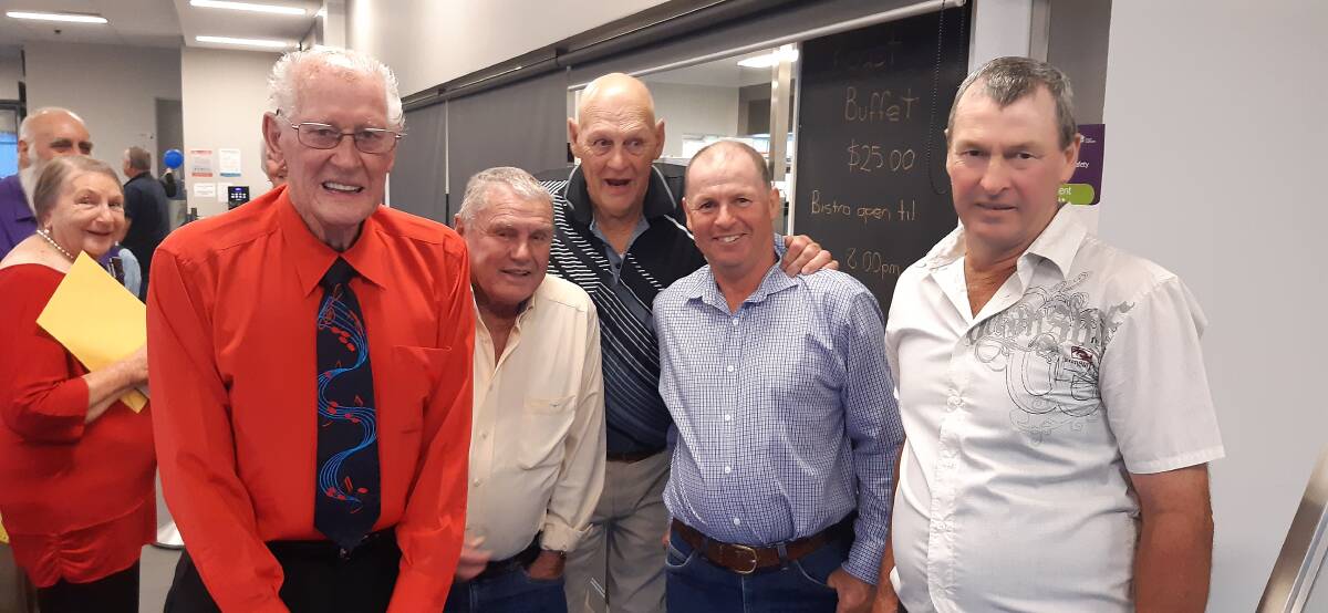 SPECIAL OCCASION: At Mark Ryan's 90th birthday party were Mark Ryan, John Press, Garry Carter, Greg and Steve Hutchison - stalwarts of the shearing industry.