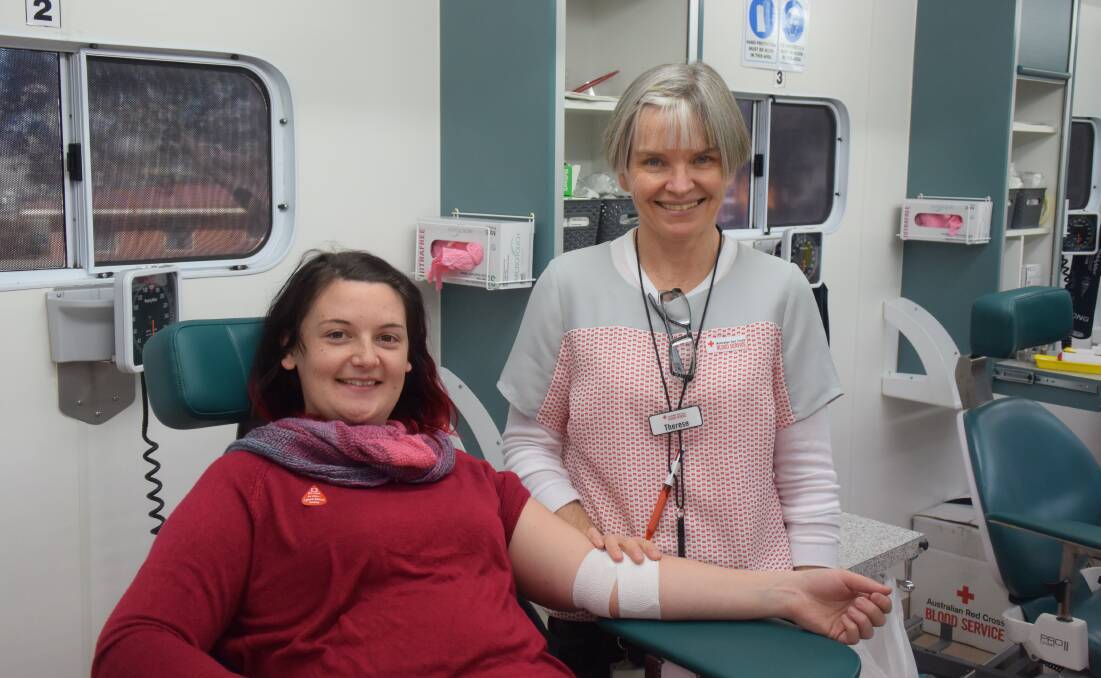 GENEROSITY IN HER BLOOD: Blood donor Jenna Nergan and Red Cross registered nurse Therese Goodacre in the mobile donor centre at CSU.