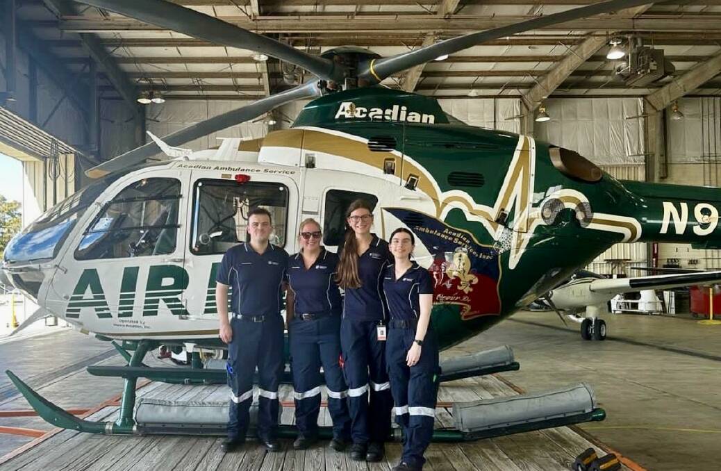 Students Jarrod McInnis, Emma Bennett, Sofia Heszterenyiova and Erin Isaacs ready for take-off on their Air Med helicopter shift during their time in Louisiana. Picture supplied.
