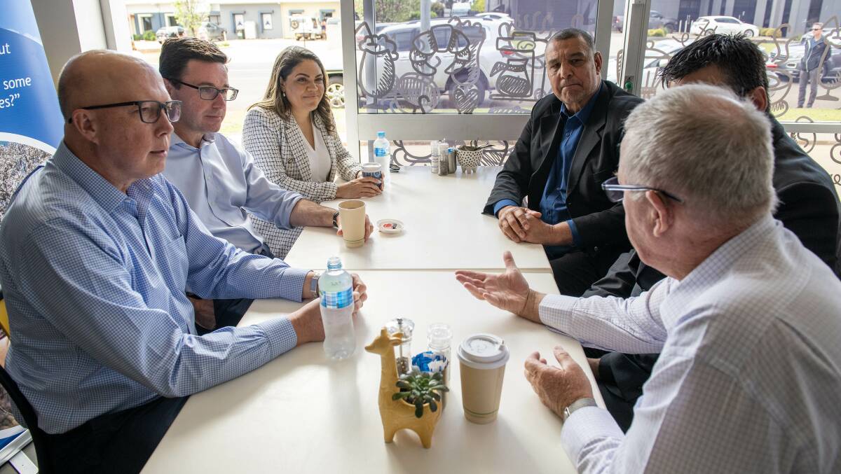 Opposition Leader Peter Dutton at Wilay Cafe in Dubbo alongside federal Nationals leader David Littleproud and Senator Jacinta Nampijinpa Price. 