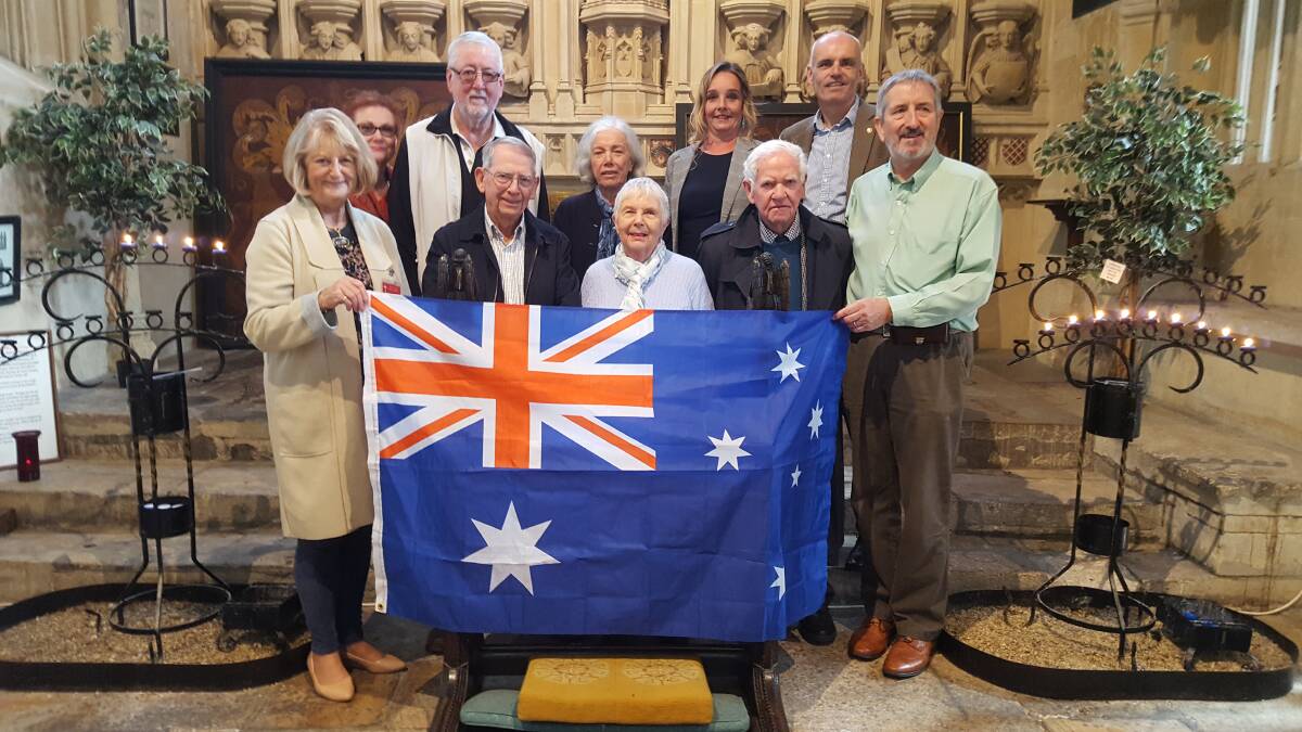 VISIT: Graham and Merylyn Russell (front, second and third from left) with Cirencester residents and other Australians they met in the church.