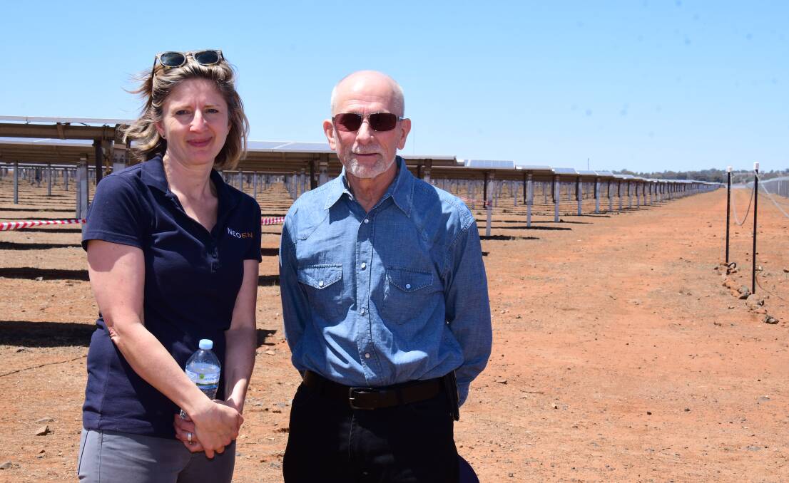 VISIT: Neoen's Lisa Stiebel and Dubbo's Gary Black at an open day at the South Keswick solar farm last year. Raglan's Robyn Lewis had a look at the Dubbo farm last week.