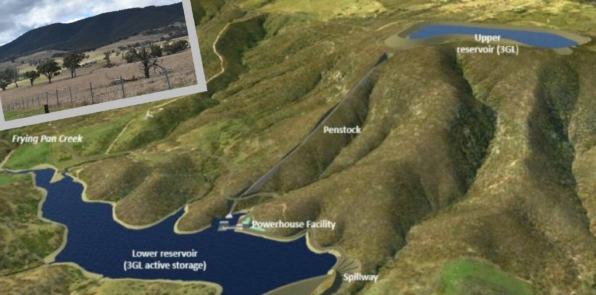 A "project visualisation" of the pumped hydro proposal near Yetholme and (inset) Mount Tennyson, which would house a reservoir.