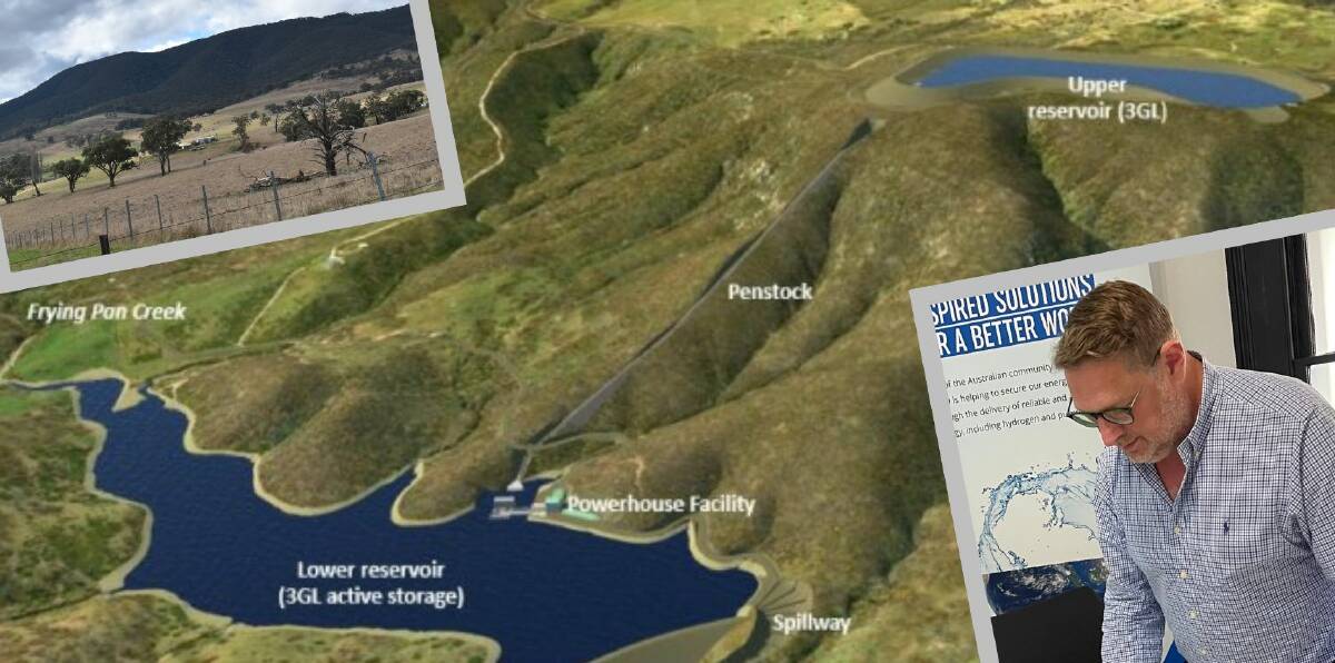 A "project visualisation" of the pumped hydro proposal near Yetholme and (inset, left) Mount Tennyson and (inset, right) ATCO's Ben Bolot.