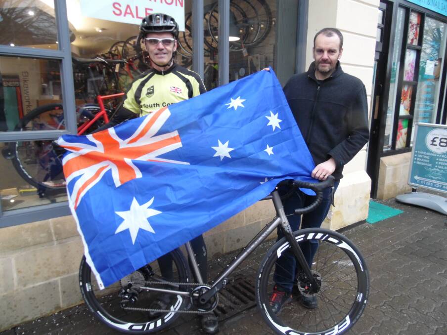 THEN: Simon King, before he left for Australia, with the owner of Cirencester's Independent Bike Works, Jim Bartholomew. Mr Bartholomew is formerly of Bathurst.