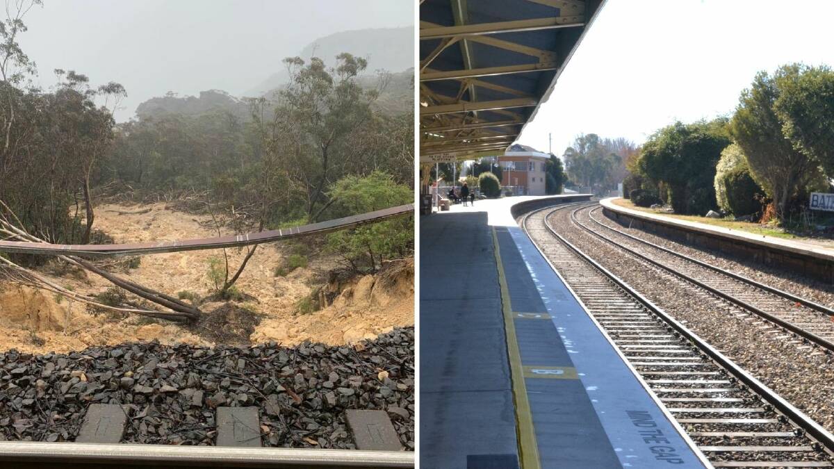 DISRUPTION: The landslip beside the rail line near Blackheath in the Blue Mountains; Bathurst Railway Station. Landslip photo: MP Paul Toole's Facebook page 