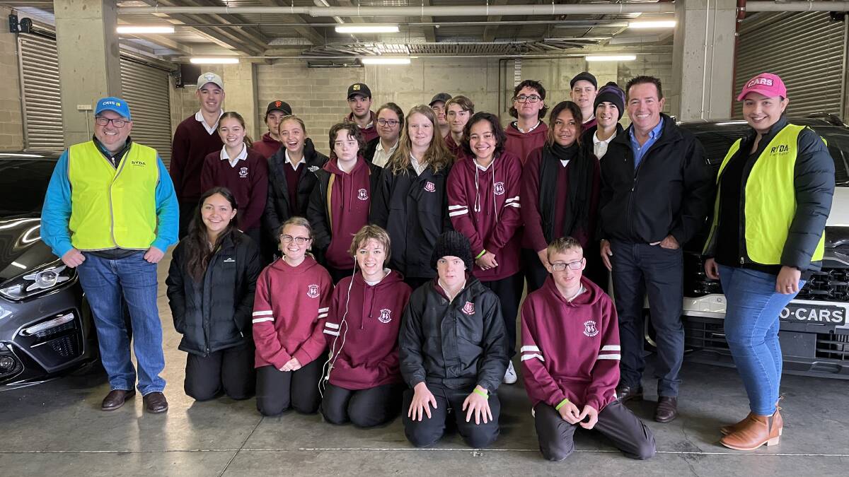 Blayney High Students with Member for Bathurst Paul Toole and Matthew Irvine and Jenna Taylor from Calare Academy of Road Safety at the recent RYDA workshop at Mount Panorama. Picture by Alise McIntosh.