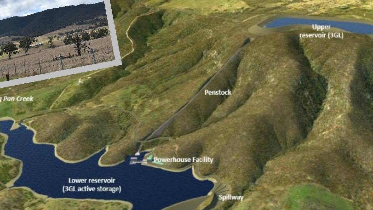 A "project visualisation" of the pumped hydro proposal near Yetholme and (inset) Mount Tennyson. 