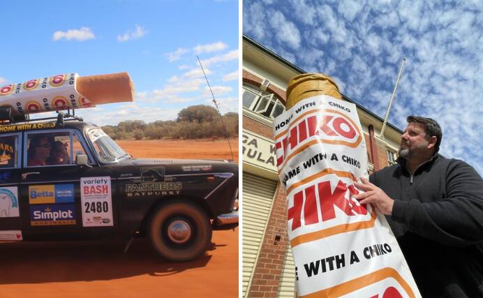 The Lindsell family's well-known Variety Bash entry and its giant Chiko Roll (left) and Wagga artist Chris Roe's Chiko Roll created as part of an exhibition at Wagga (right; picture by Andrew Mangelsdorf).