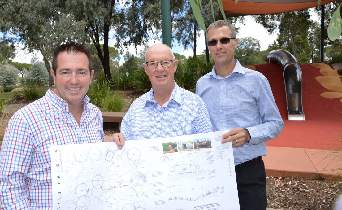 FUNDS BOOST: Member for Bathurst Paul Toole with then mayor Graeme Hanger and Bathurst Regional Councils manager of recreation Mark Kimbel when the NSW Government provided $200,000 towards the next stage of the Adventure Playground earlier this year.
