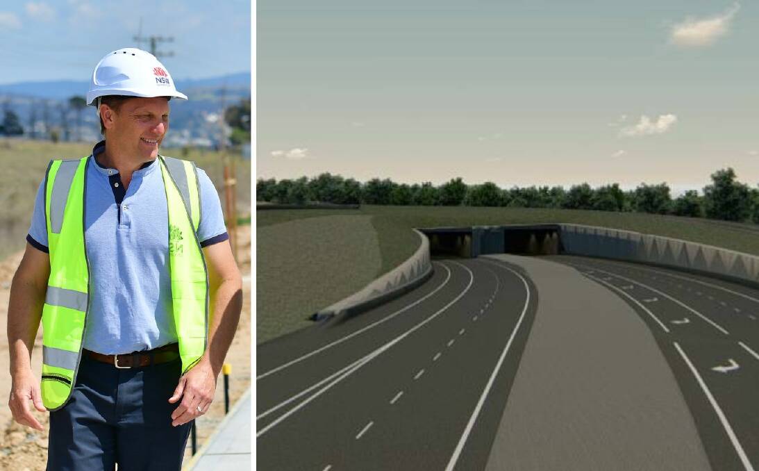 Mayor Jess Jennings beside the Great Western Highway on the outskirts of Bathurst and (right) a previous artist's impression of a highway tunnel. 