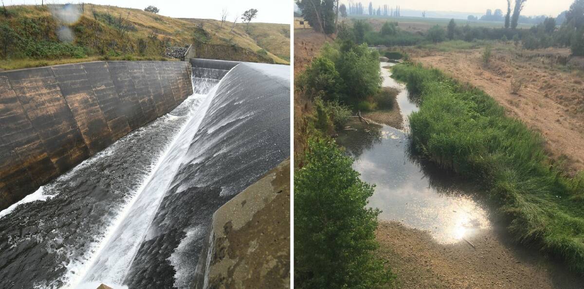 Chifley Dam spilling (file picture) and the Macquarie not flowing at Eglinton in early 2020.