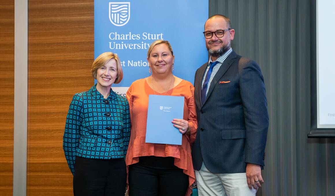 SUCCESS: CSU vice-chancellor Professor Renée Leon; Bathurst Local Aboriginal Land Council CEO and award winner Tonilee Scott; and Jason Webb from the NSW Aboriginal Health and Medical Research Council. Photo: CONTRIBUTED