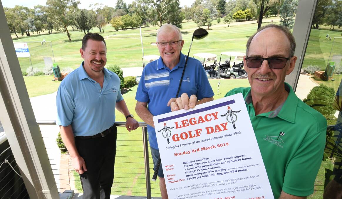 READY: Brad Constable from Bathurst Golf Club, Bob Cassidy from Bathurst Legacy and golf day co-ordinator Peter Brien. Photo: CHRIS SEABROOK 022019clegolf2