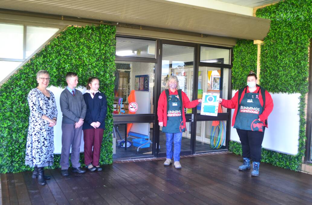 GREAT OUTDOORS: St Philomena's principal Louise Davies and school vice-captains Cooper Stephen and Maddison Keates thank Bunnings Bathurst, represented by Lee-anne Johnson and Nicki Burton, for its donations. 