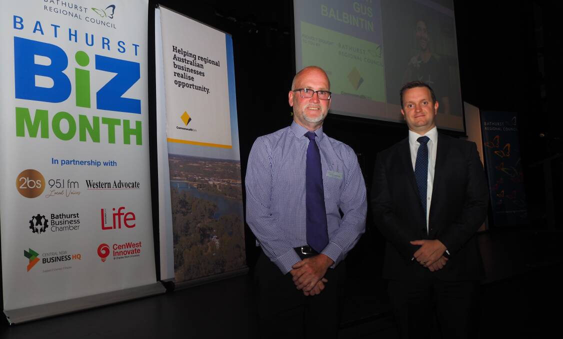 MEANING BUSINESS: Deputy mayor Ian North with Commonwealth Bank Central West executive manager Philip Alcock at the BizMonth lunch. Photo: SAM BOLT
