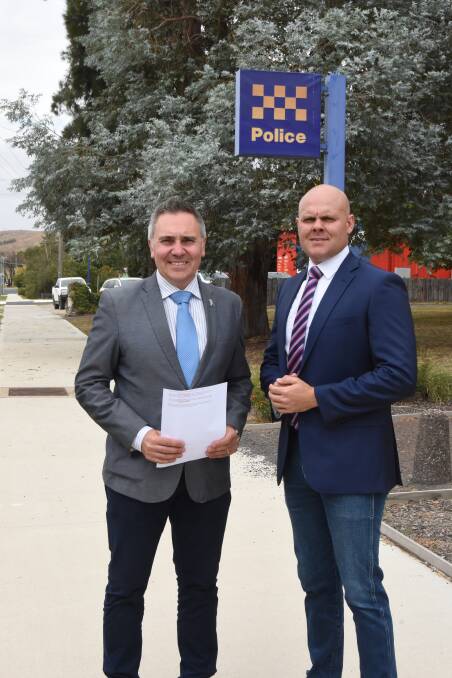 SHOW OF FORCE: Shadow Minister for Police Guy Zangari and Labor candidate Beau Riley at Blayney Police Station on Wednesday.