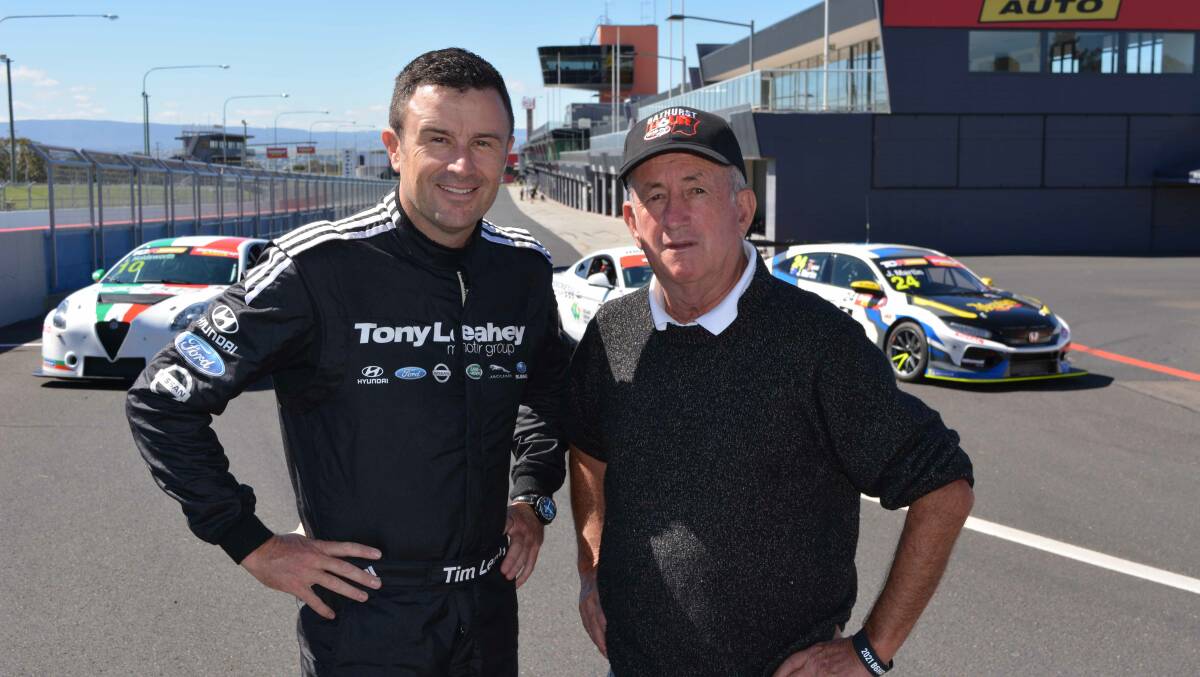 ON TRACK: Bathurst 6 Hour driver Tim Leahey with mayor Bobby Bourke at Mount Panorama.