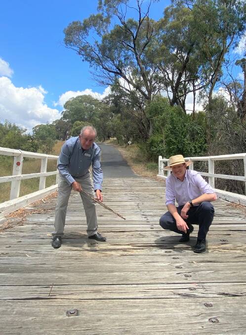 BRIDGE BOOST: Mayor Bobby Bourke and federal Member for Calare Andrew Gee on the bridge over Stony Creek on Tarana Road, south-east of Bathurst.