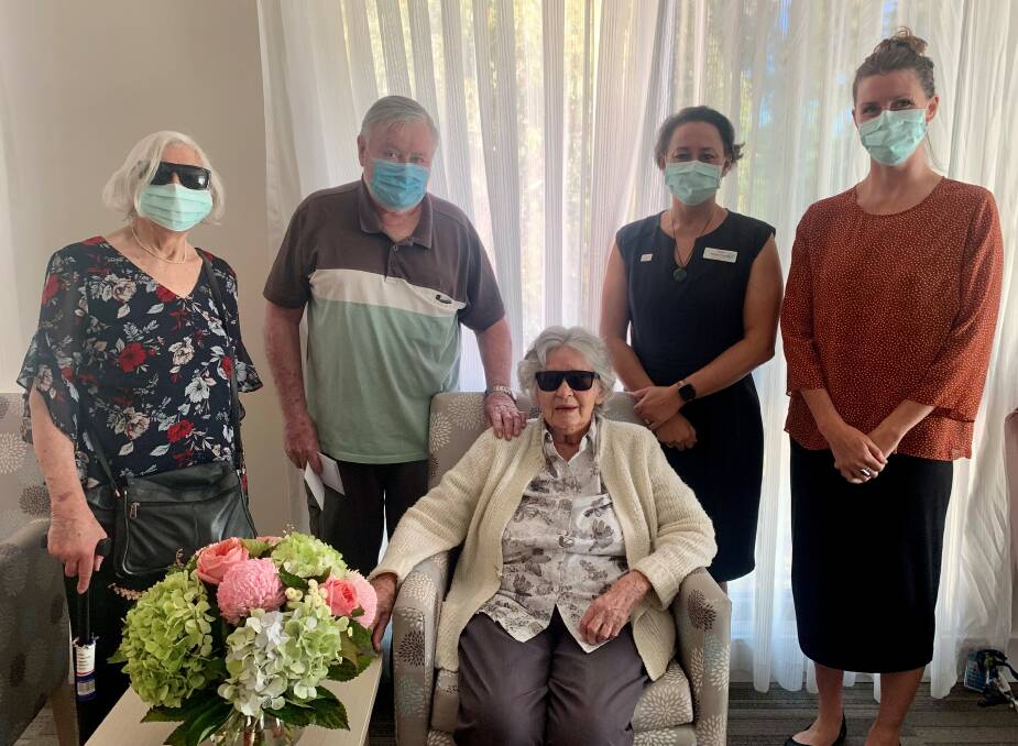 CELEBRATION: Birthday girl Coral Allan (centre) with Joan and Rod Allan, Whiddon Kelso director of care services Nicole Mahara and deputy director of care services Sharni Latham.