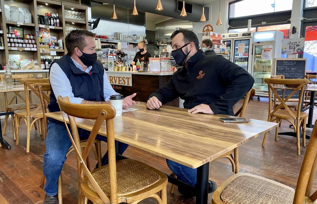 TALK IT OUT: Member for Bathurst Paul Toole with small business owner Chris Ringrose.