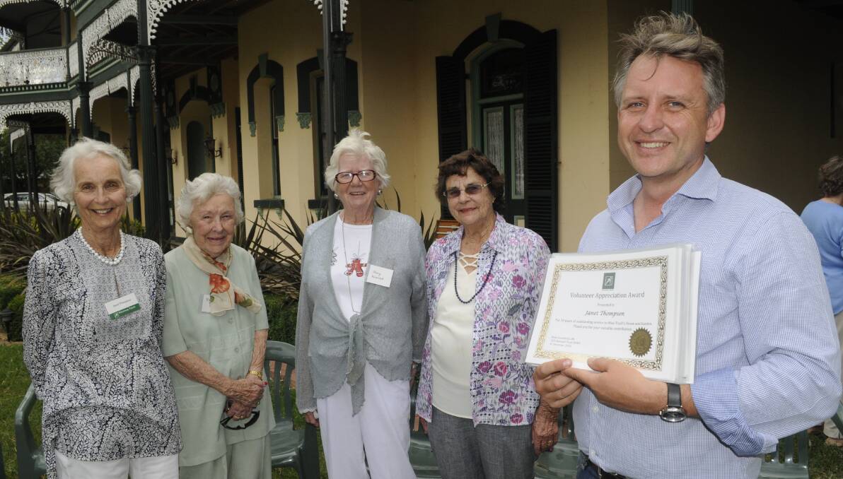 EXPERIENCED: Long service awards recipients Janet Thompson, Nona Dart, Mary Warren and Beryl Harvey with National Trust NSW properties manager Richard Silink. Mr Silink presented a number of long service awards at "Woolstone", Kelso. Photo: CHRIS SEABROOK 120416cnatrust2