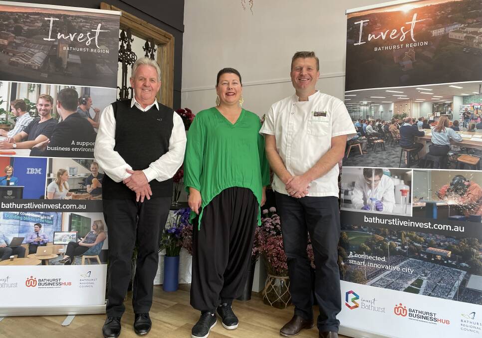 Mayor Robert Taylor, Foster and Co Botanicals owner Zana Foster and Bathurst Business Chamber president Paul Jones at the launch of BizMonth.