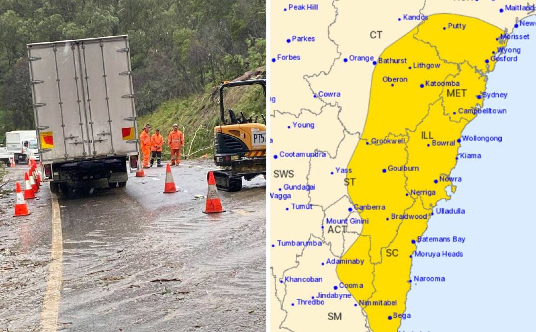 Crews work on Bells Line of Road back in 2021 after heavy rain caused havoc on the route (picture from Hawkesbury City Council); and the severe weather warning area issued on Thursday, April 4, 2024 ahead of heavy rain.