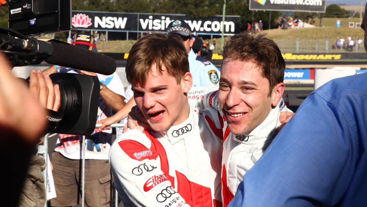 WINNERS ARE GRINNERS: Dries Vanthoor and Robin Frijns celebrate their Audi R8 LMS winning the Liqui Moly Bathurst 12 Hour last year. Photo: PHIL BLATCH