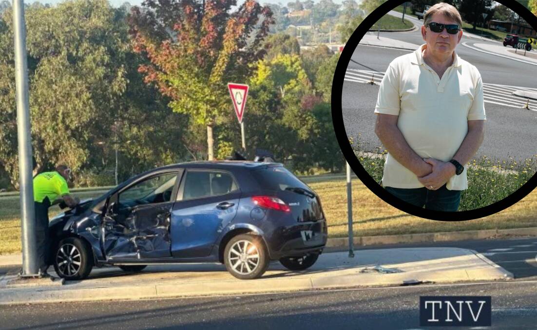 Steve Hill, who owns Steve's Quality Meats, has growing concerns about the number of crashes at the Bradwardine Road and Suttor Street roundabout following another incident earlier in March 2024. Picture by Top Notch Video [main], inset by James Arrow.