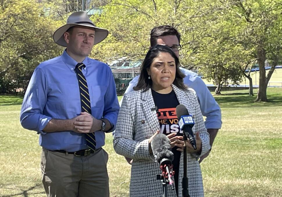 Senator Jacinta Nampijinpa Price, Shadow Minister for Roads and Transport Sam Farraway and federal Nationals leader David Littleproud in Lithgow recently. Picture by Reidun Berntsen