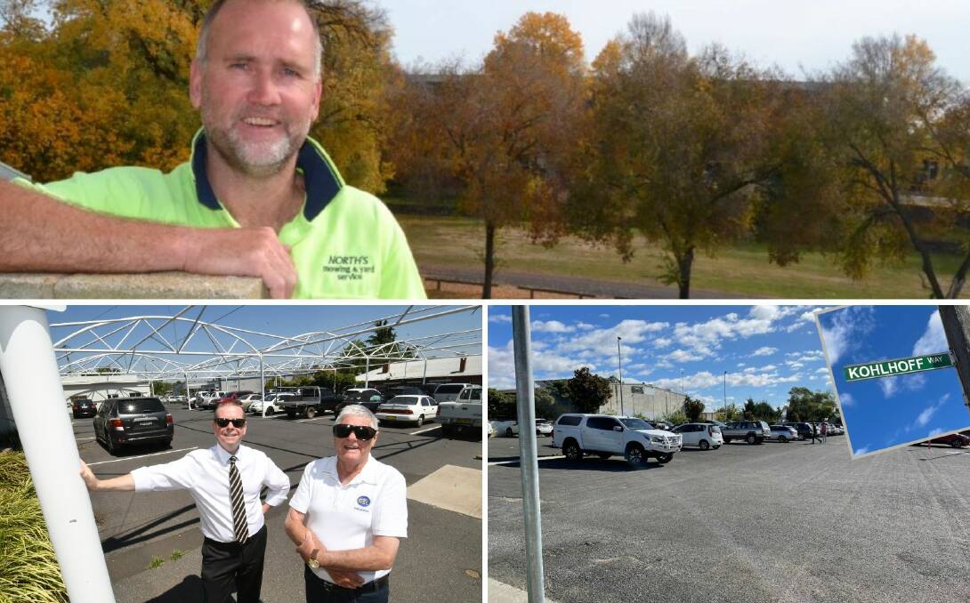 Then-deputy mayor Ian North near Carrington Park in 2014 (top), Bathurst RSL general manager Peter Sargent and president Ian Miller in 2019 (bottom left) and the Neighbourhood Centre car park (bottom right).