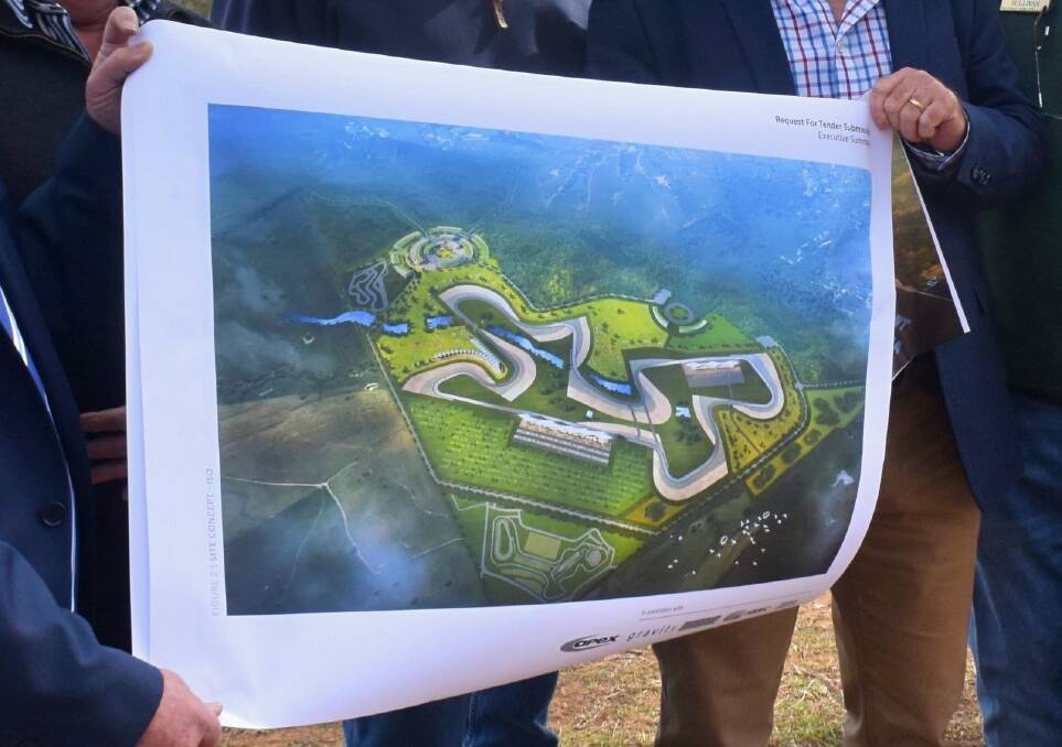 A concept design for the proposed second track at Mount Panorama is shown off at a press conference four years ago.